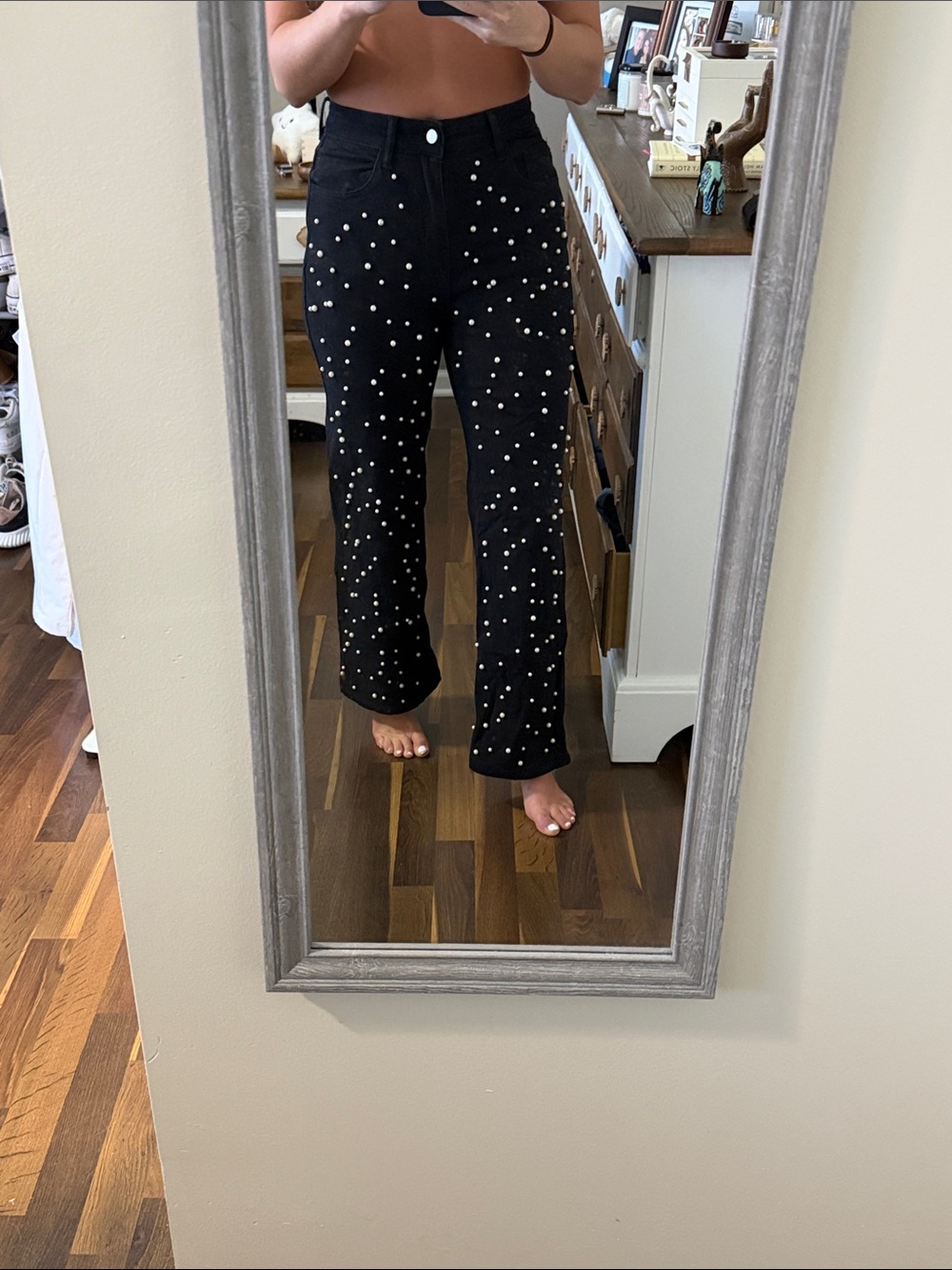 Black Pearl-Embellished Wide Leg Jeans